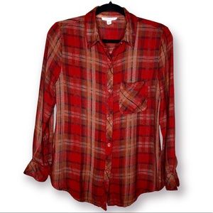 Beach Lunch Lounge Red Plaid Soft Comfy Cozy Rayon Plaid Button Down Flannel XS